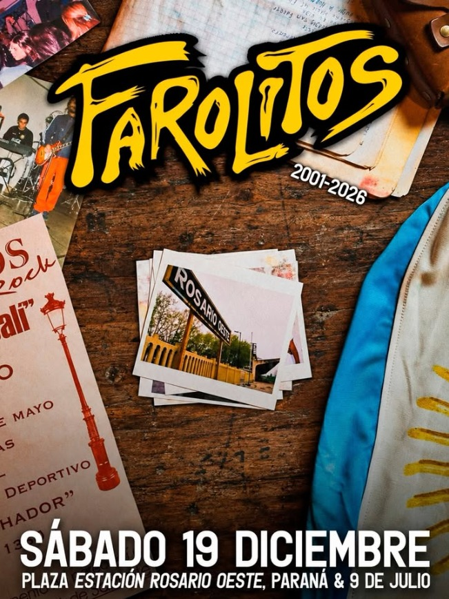 Afiche de los 25 años de Farolitos: sábado 19 de diciembre, Plaza Estación Rosario Oeste, Paraná y 9 de Julio